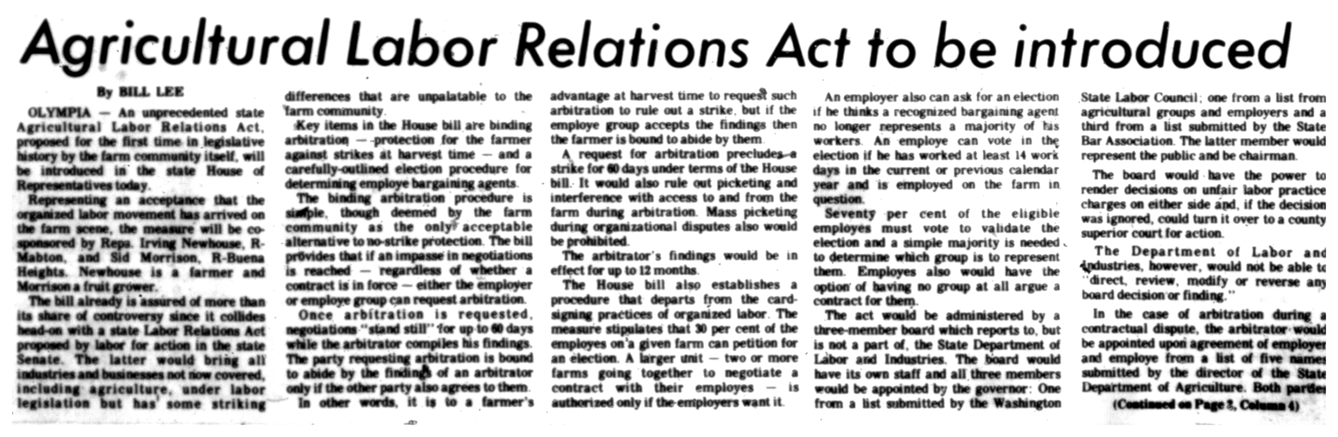 News coverage, 19332002 Farm Workers, Strikes, Boycotts Seattle